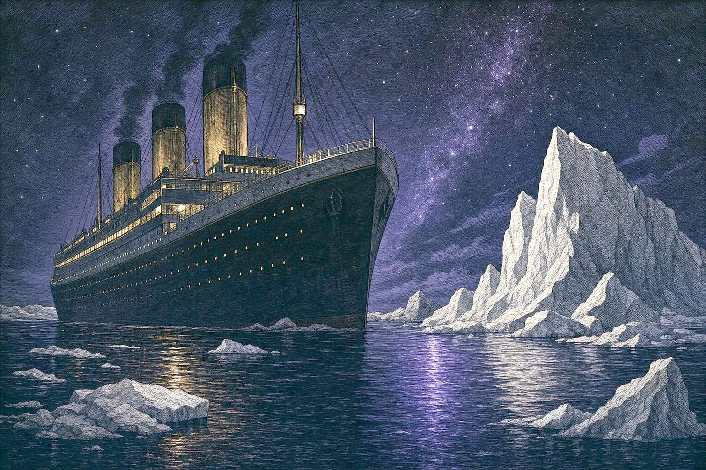 A great ocean liner's dark silhouette beside an iceberg under a star-lit night sky