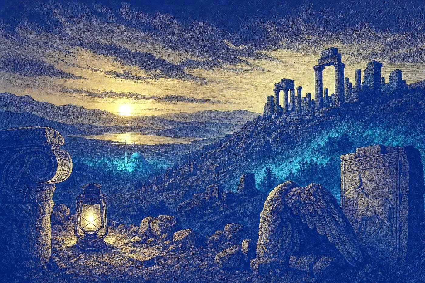 Ancient stone ruins silhouetted on an Anatolian hilltop at dusk