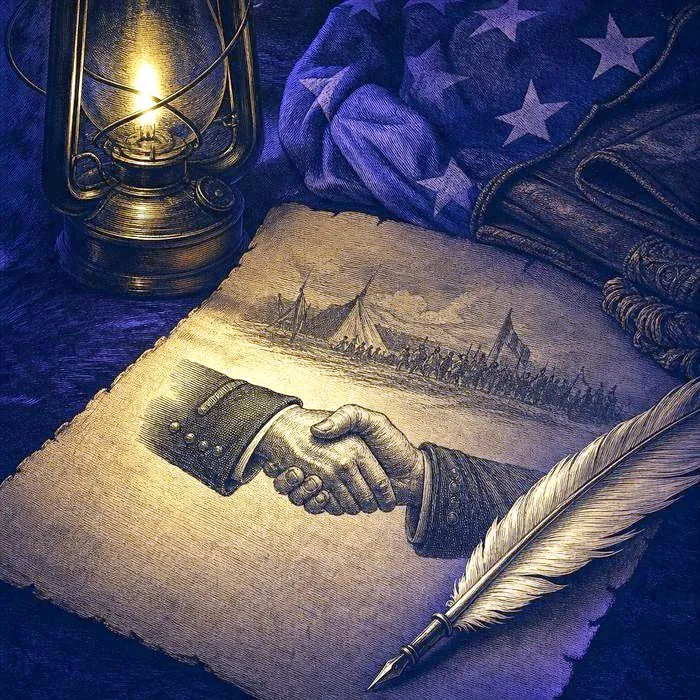 A close-up of an antique surrender document and quill pen, lit by a single warm lamp