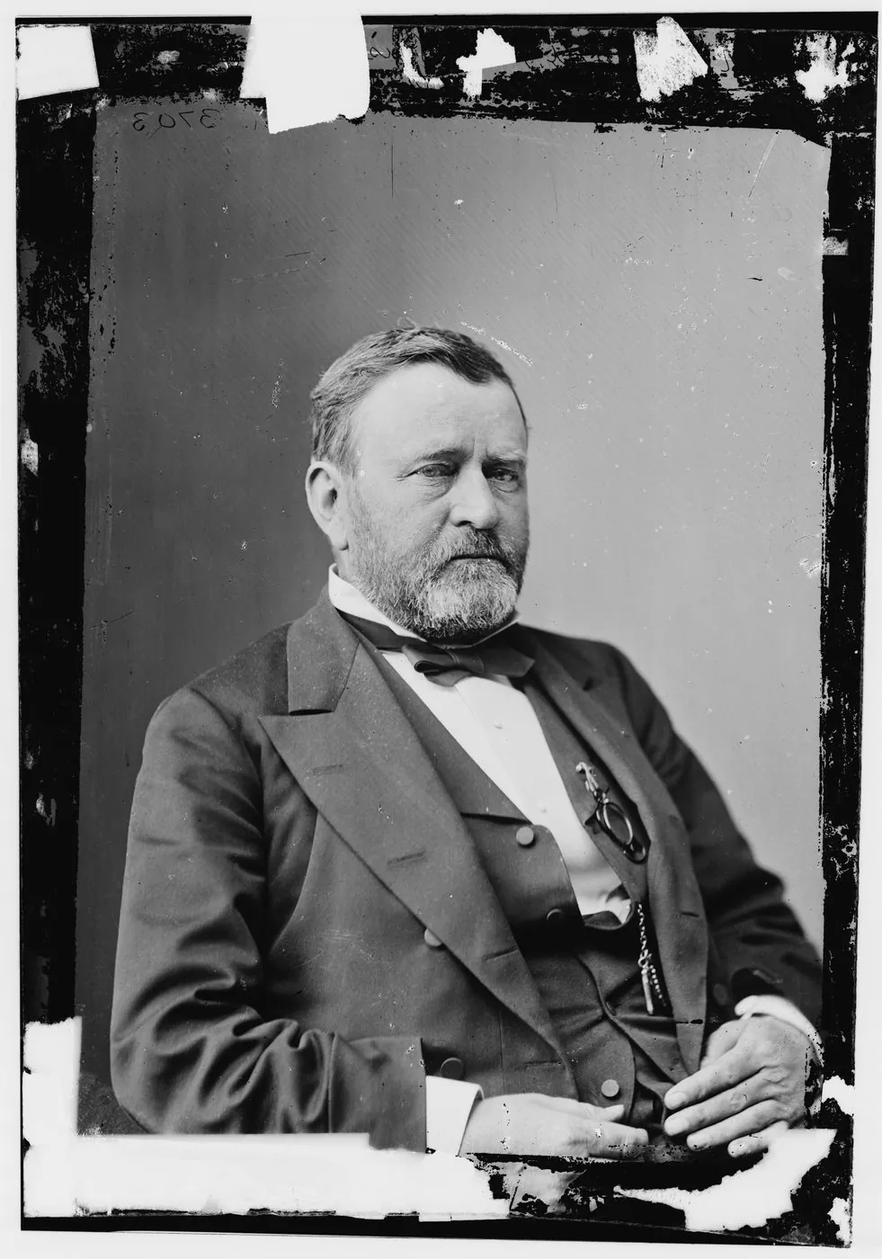 Photographic portrait of Ulysses S. Grant, seated and facing right, from the Brady-Handy Collection