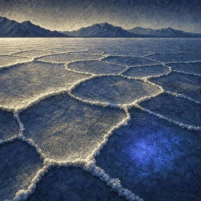 A close-up of sun-cracked salt flat texture with distant mountains