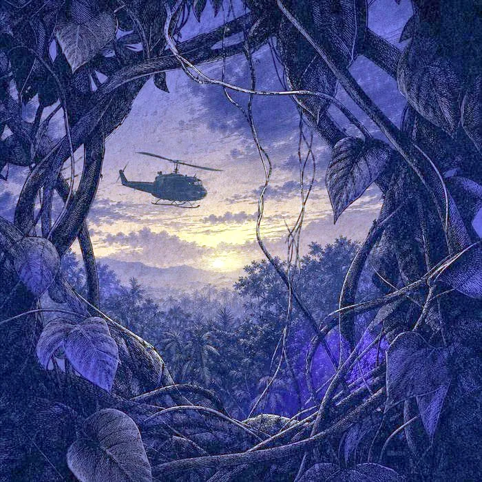 A helicopter silhouette passing over dense jungle canopy at dusk