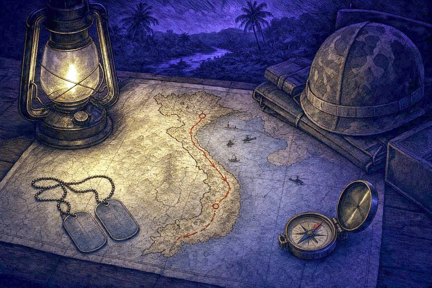 A worn military map of Vietnam with a route marked in faded ink