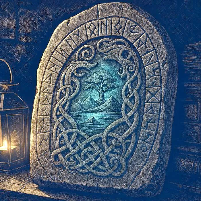 A close-up of an antique carved wooden rune stone