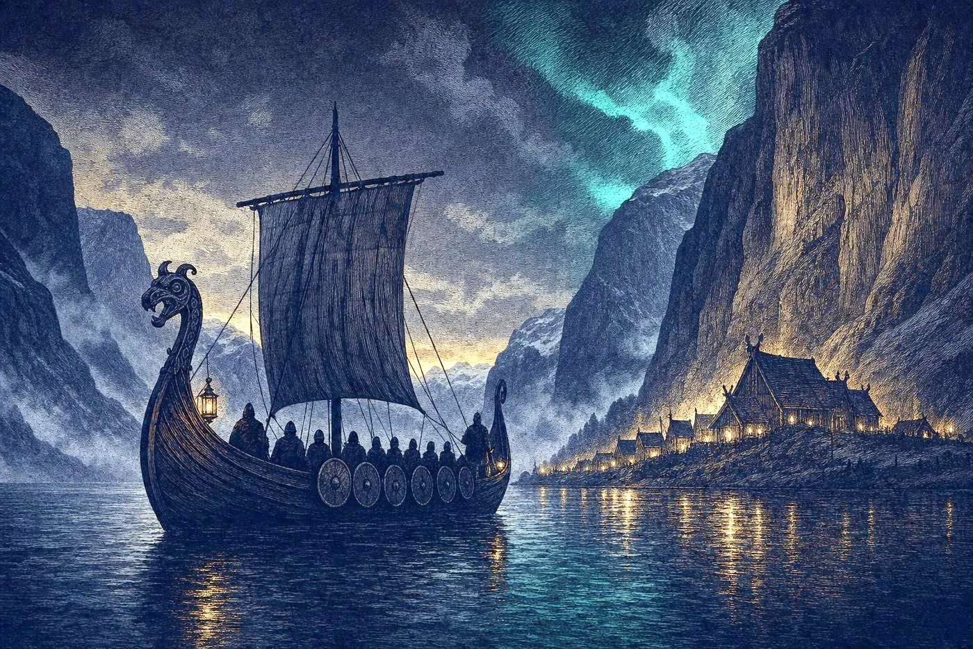 A longship silhouette on a Nordic fjord at dusk