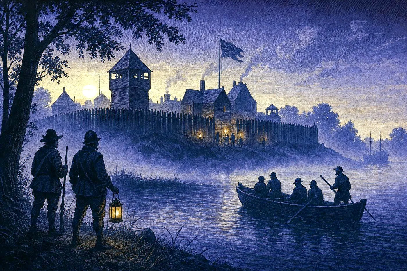 A misty colonial-era riverside settlement at dawn with a wooden palisade fort