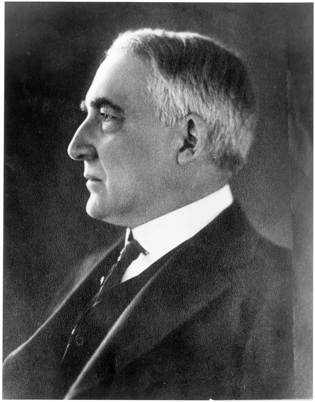 Official photographic portrait of Warren G. Harding, left profile, from the National Archives