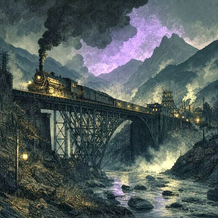 A mountain river valley with an old coal-era rail bridge, mist rising