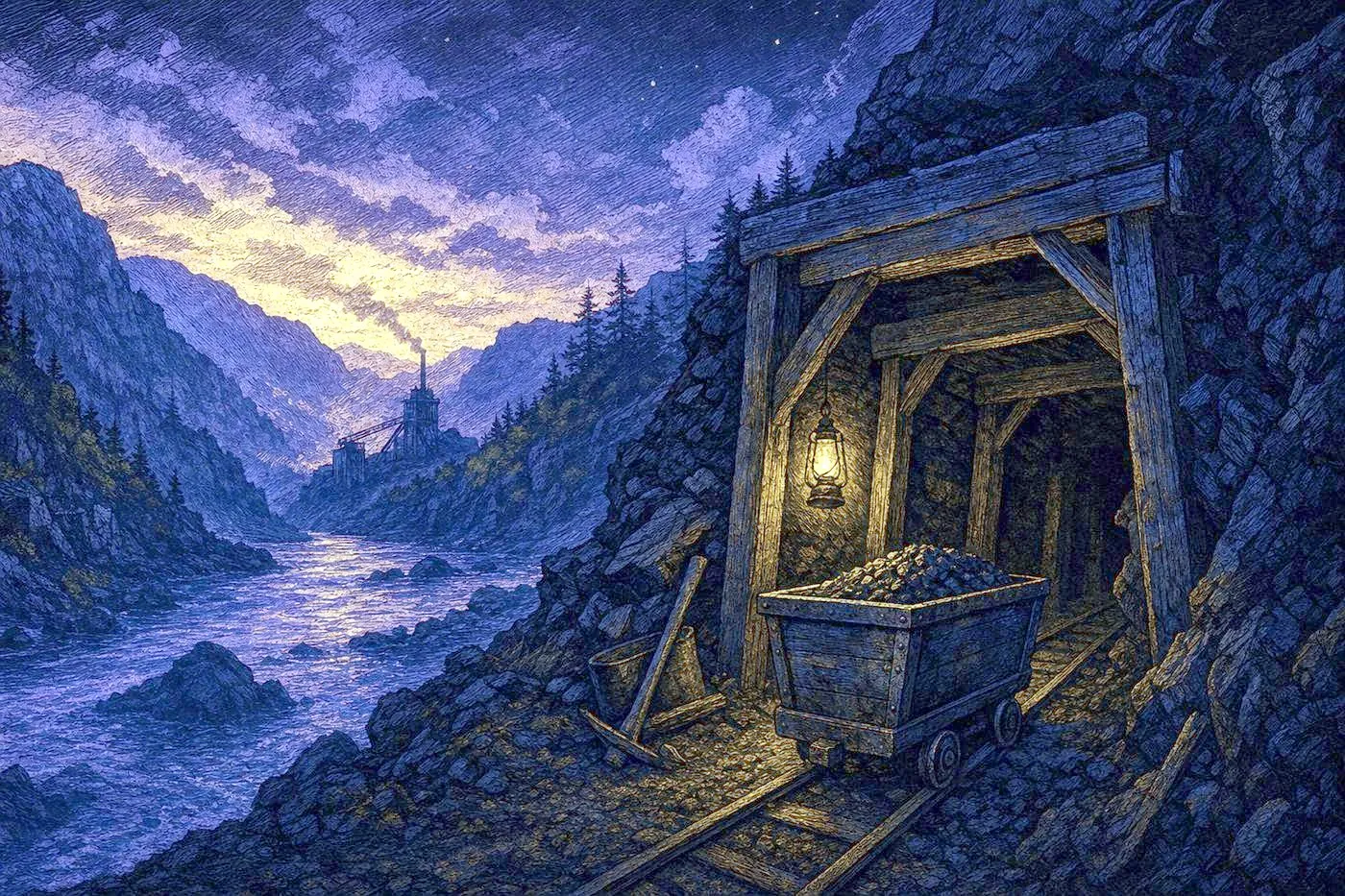 Dramatic mountain river gorge at dusk with weathered coal-mine entrance silhouette