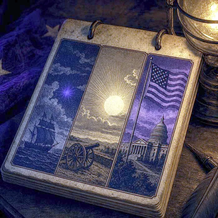 A close-up of an antique calendar page showing a very short span of dates under somber lamplight