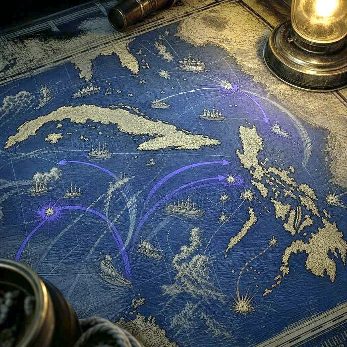 A close-up of an antique naval battle map of Cuba and the Philippines under somber lamplight
