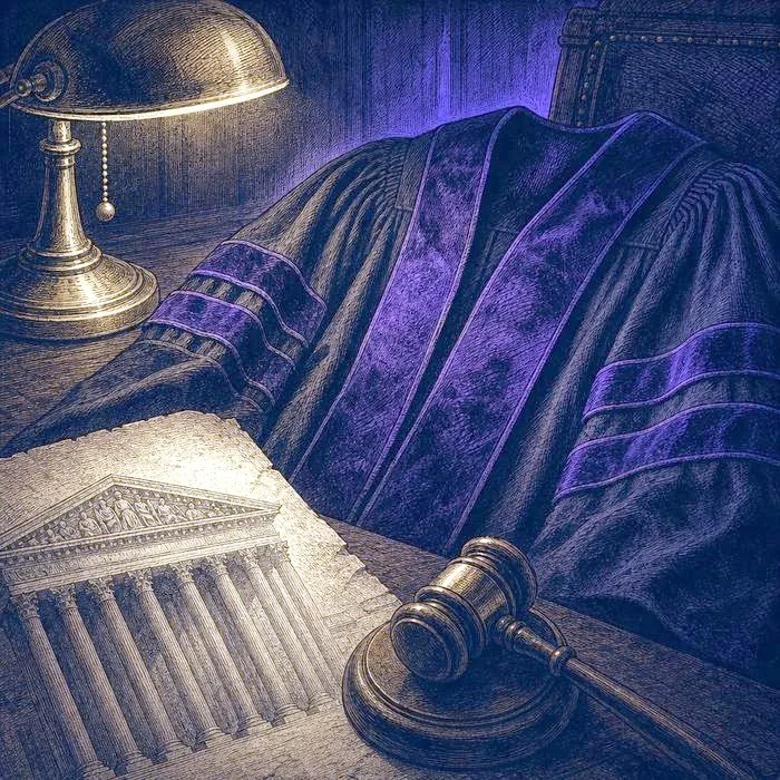 A close-up of an antique judicial robe and legal document under warm lamplight