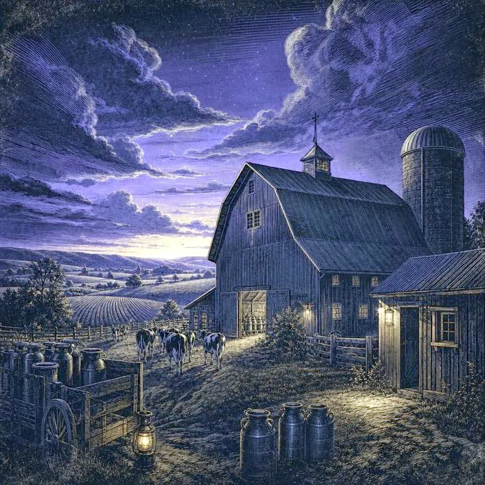 An old dairy-era barn and farmland under a wide Progressive-Era sky