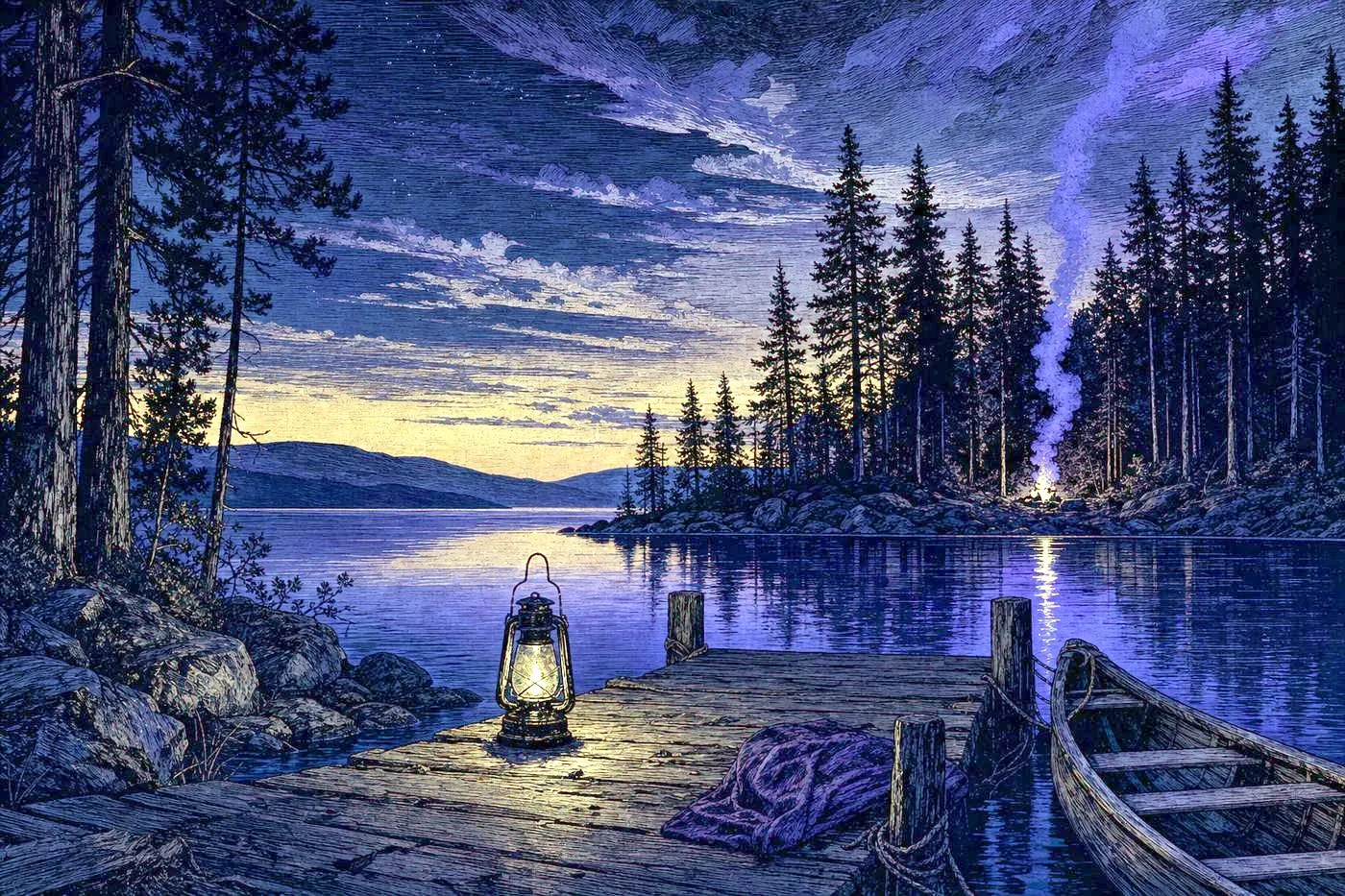 Calm northern lake at dusk with tall pine forest silhouette and weathered wooden dock