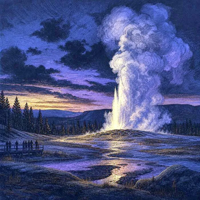 A Yellowstone geyser landscape at dusk, steam rising against darkening sky