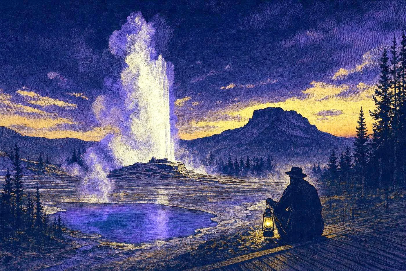 Dramatic geyser and hot-spring landscape at dusk with mountain silhouettes