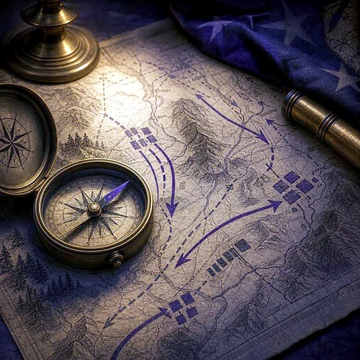 A close-up of an antique military campaign map and brass compass, lit by a single warm light